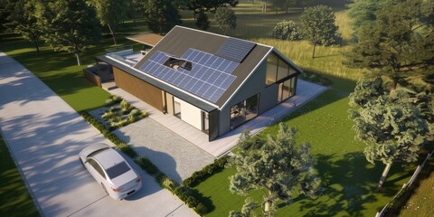 Modern house with solar panels on the roof, set in a green, spacious landscape. The design emphasizes sustainability and contemporary architecture, featuring a driveway and a white car.