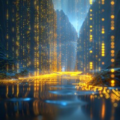 The image is a beautiful data lake landscape of a city with tall buildings and a river running through it