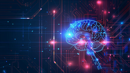 Obraz premium A computer generated image of a brain with a blue and red color scheme. The image is abstract and futuristic, with a sense of technology and artificial intelligence
