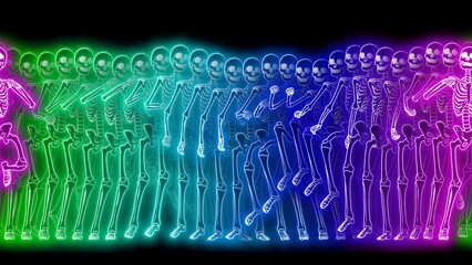 Seamless animation of a dancing skeletons with echo effect. Funny halloween background with neon fluorescent effect for parties and events.