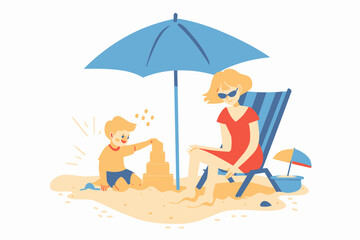 a woman and a child playing in the sand under an umbrella