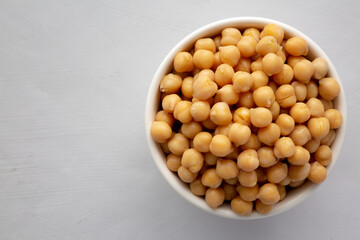 Homemade Preserved Chickpeas in a Bowl, top view. Copy space.