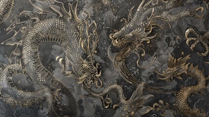 Steel gray background adorned with fine etchings of mythical creatures.