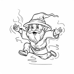 cute wizard practicing parkour, outlined in monochrome with clear, thick lines for a preschool coloring book, simple cartoon style, isolated on a white background