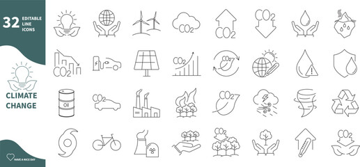 Climate change icon set. Co2, energy, forest and weather icons.