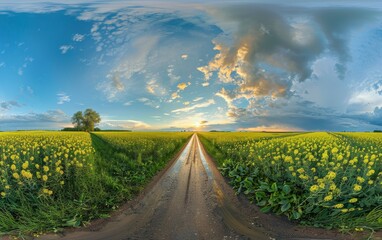 360 degree panoramic view of wet asphalt road in canola fields at sunset after a storm with stunning clouds in VR AR format