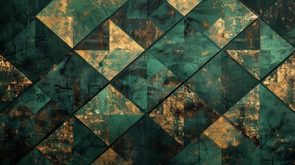 Abstract background , with geometric patterns in vintage emerald green, mystical gold, and deep black