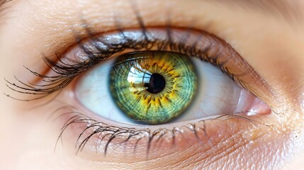 Fototapeta premium A close-up view of a womans eye, showcasing vibrant green iris color with intricate details and natural eyelashes