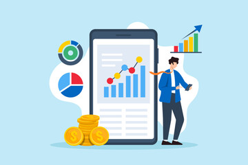 Flat illustration of businessman using investment app on smartphone finance digital technology mobile banking