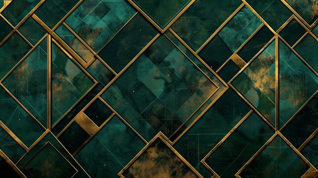 Abstract background , with geometric patterns in vintage emerald green, mystical gold, and deep black