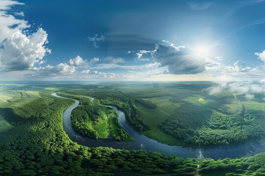 360 HDRI aerial view of river and forest on sunny day with clouds equirectangular VR content