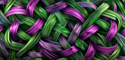 Abstract background, 3d wallpaper of decorative origami mosaic geometric knot of purple and green colors 