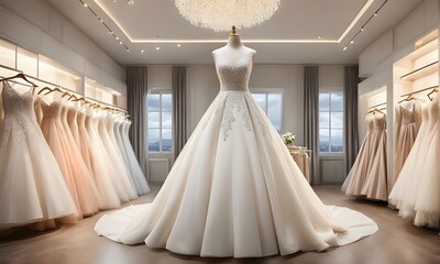 The fancy wedding dress is in the spotlight, surrounded by a number of beautiful dresses in a luxurious dress shop environment, Cloud Effect OutFocus, ai generative