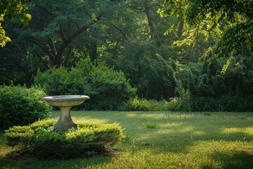 A bird bath in a green field surrounded by bushes and trees peaceful and serene with sun shining through