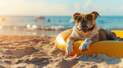 elaxing Bulldog in Sunglasses on Sunny Beach
