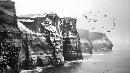 Sketch a picturesque landscape of the Cliffs of Moher, one of Ireland's most iconic natural landmarks, rising dramatically from the sea with birds wheeling overhead, using pencil technique to capture