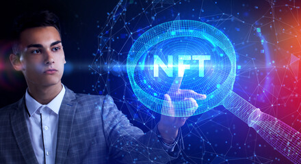 NFT Non-fungible token digital crypto on virtual screen.