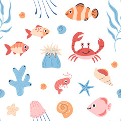 Sea animals, fish, whale, jellyfish, shell, coral and seaweed, crab, starfish. Seamless pattern of hand drawn sea life creatures and elements. Vector doodle cartoon set of marine life objects.