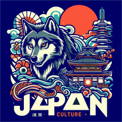 wolf in color ink with japan culture theme vector hd