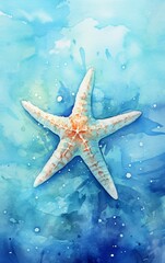 Watercolor painting of a starfish on a blue background.
