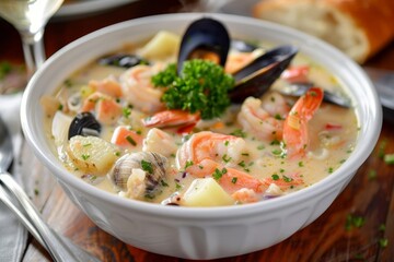 A tasty seafood chowder with fresh shellfish potatoes veggies and cream