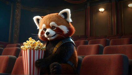 Cute small humanoid red panda sitting in a movie theater eating popcorn watching a movie, unreal...