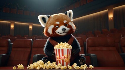 Naklejka premium Cute small humanoid red panda sitting in a movie theater eating popcorn watching a movie, unreal engine, volumetric, warm indoor lighting, artstation, detailed, digital painting, cinematic, character 