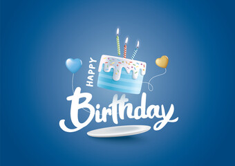 Happy Birthday celebration typography design with 3d birthday cake for greeting card, poster or banner. Vector illustration