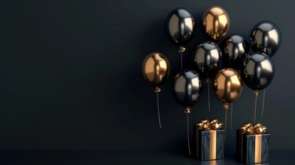 Elegant Black Gold Gift Box with Balloons and Ribbon on Black Background