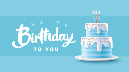 Happy Birthday celebration typography design with 3d birthday cake for greeting card, poster or banner. Vector illustration