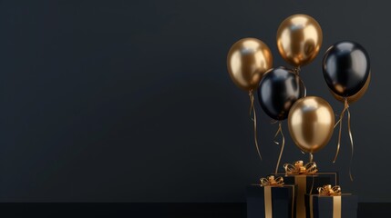 Elegant Black Gold Gift Box with Balloons and Ribbon on Black Background