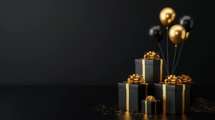 Elegant Black Gold Gift Box with Balloons and Ribbon on Black Background