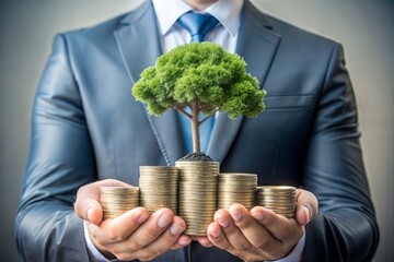 A businessman holding a coin with a tree that grows and a tree that grows on a pile of money. The idea of maximizing the profit from the business investment 
