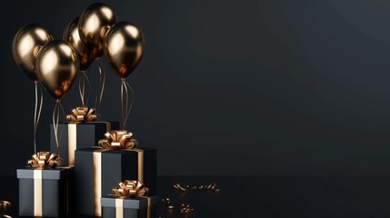 Elegant Black Gold Gift Box with Balloons and Ribbon on Black Background