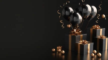 Elegant Black Gold Gift Box with Balloons and Ribbon on Black Background