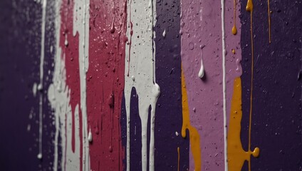 Messy paint strokes and smudges on an old painted wall. Pink, purple, white, yellow color drips, flows, streaks of paint and paint sprays on purple wall background.