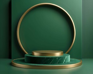 Green and gold luxury podium stage background for product display with isolated 3D render