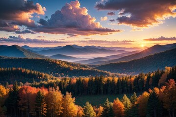 Panorama of Mountain Range at Sunset. Stunning Wide View with Colorful Forest, Village, and Birds Flying Across the Sky.