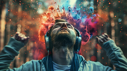A man in a forest with headphones, colorful smoke emanating from his head, celebrating World Music Day, poster