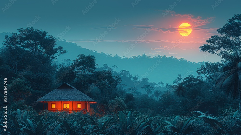 Wall mural a small house is surrounded by trees and a large moon is in the sky - Wall murals