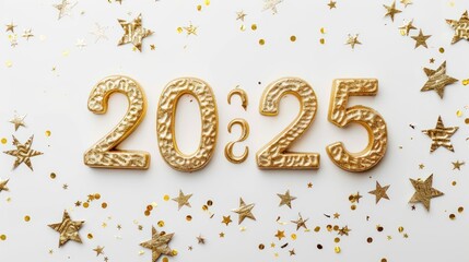 Happy New Year 2025. Gold Numbers 2025 on white Background,with Flying Confetti and Ribbons.
