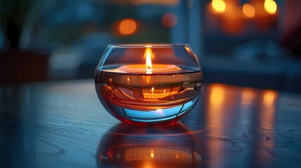 Close-up of a lone candle flickering gently inside a sleek glass holder, its flame captured with breathtaking clarity