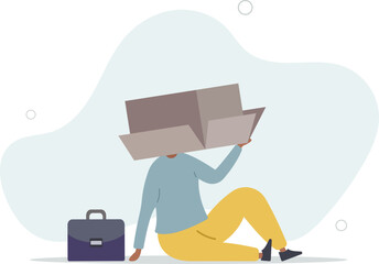 Fototapeta premium depressed businessman sitting covered his head with box, shameful cannot face people or society.flat vector illustration.