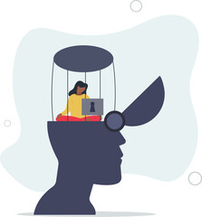 businessman trapped inside birdcage on human head brain.flat vector illustration.
