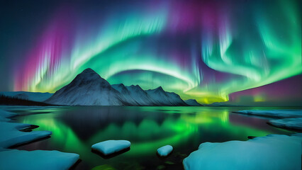 beautiful aurora at the night sky over the lake, ai generated