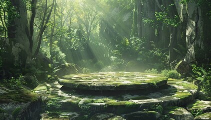 3d render of a circular stone platform in the middle of a forest