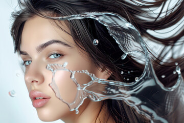 Close-Up of Woman with Flowing Hair and Water. An artistic portrait of a woman with flowing dark hair intermingled with dynamic water elements, capturing a serene and fluid beauty.