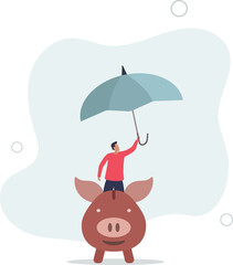 confidence businessman investor with his piggy bank safety money covered by big umbrella.flat vector illustration.