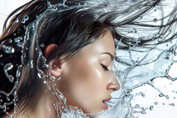 Close-Up of Woman with Flowing Hair and Water. An artistic portrait of a woman with flowing dark hair intermingled with dynamic water elements, capturing a serene and fluid beauty.