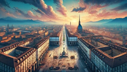 A grand panoramic view of Turin, Italy, showcases the city's historic architecture and landmarks under a vibrant sky